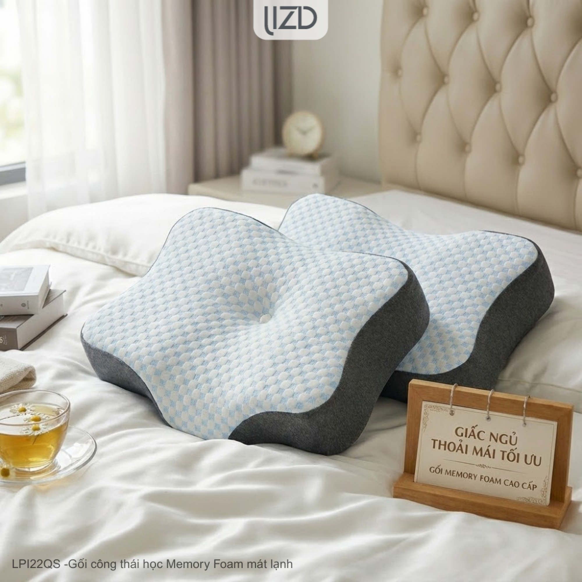 Gối công thái học mát lạnh, memory foam cao cấp, đỡ và chống đau cổ vai gáy, chống ngáy - LPI22QS