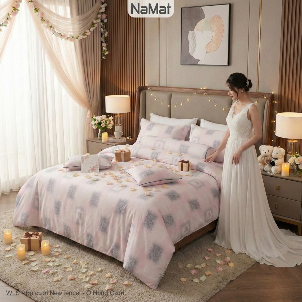 New Tencel - Bộ Chăn Ga Gối Cưới 8 Món Bọc Chần Cao Cấp - WLS